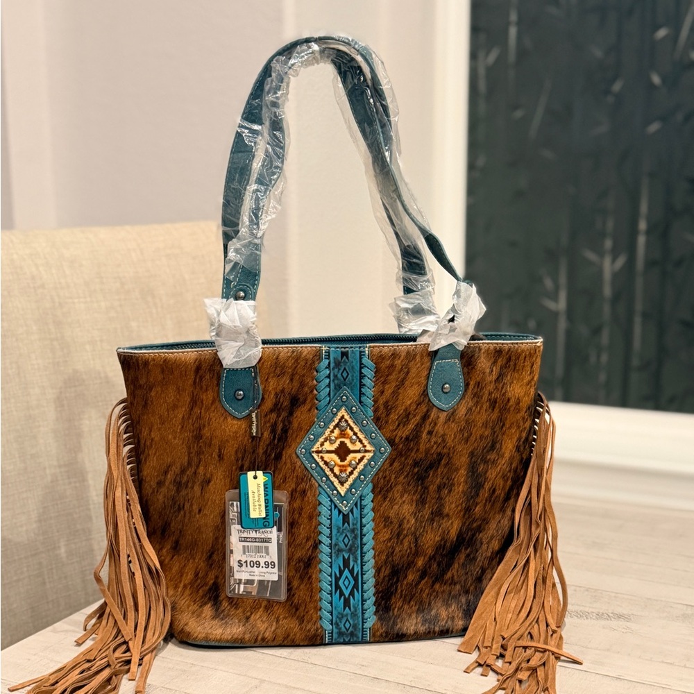 Trinity Ranch Hair On Cowhide Concealed Carry Tote Turquoise
